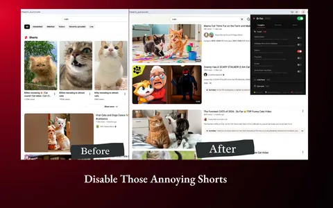 YouTube before D-Tox — cluttered with Shorts and recommendations